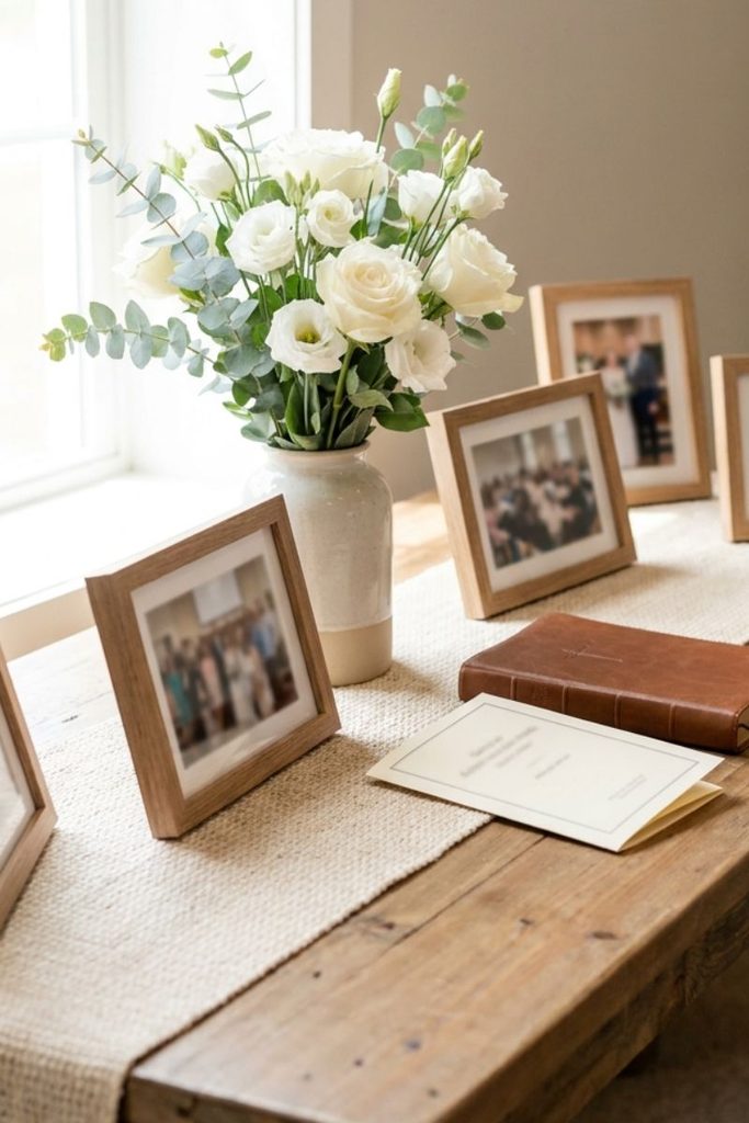 Pastor day decorations ideas with cream gifts, burgundy ribbons, and white roses.