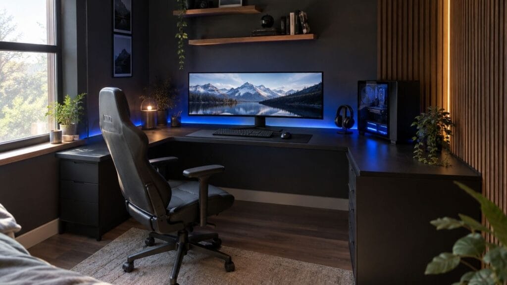 Modern game room with L-shaped desk, ultrawide monitor and cobalt LED lighting