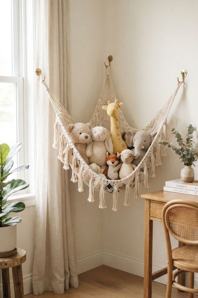  Cotton rope corner hammock holding plush toys, space saving toy storage ideas