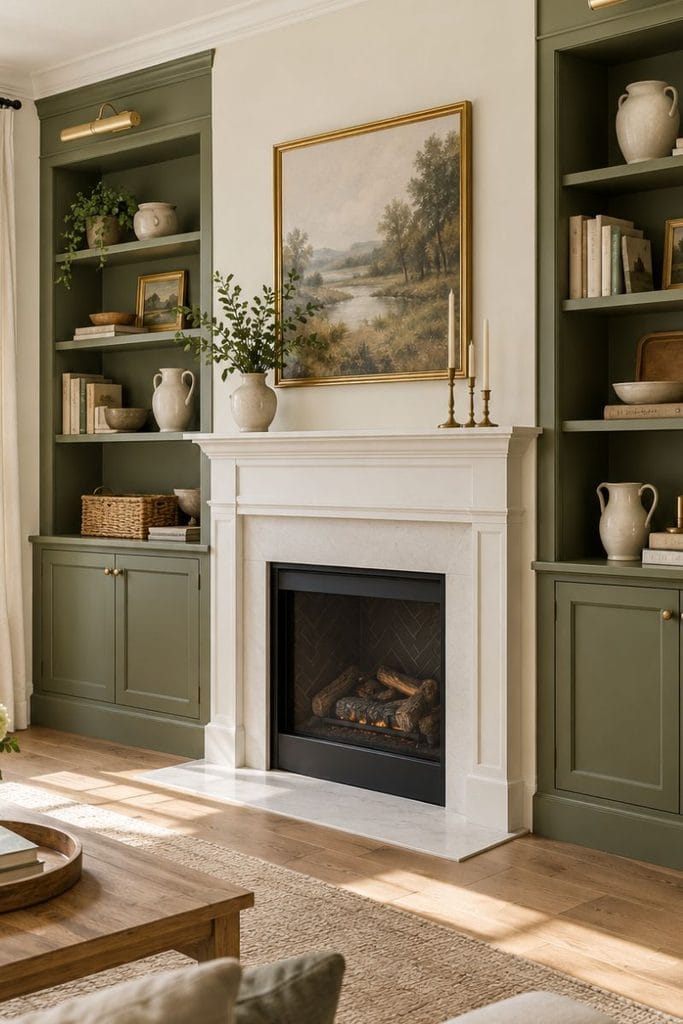 Olive green built in china cabinets flanking a fireplace with books, trays and brass picture lights