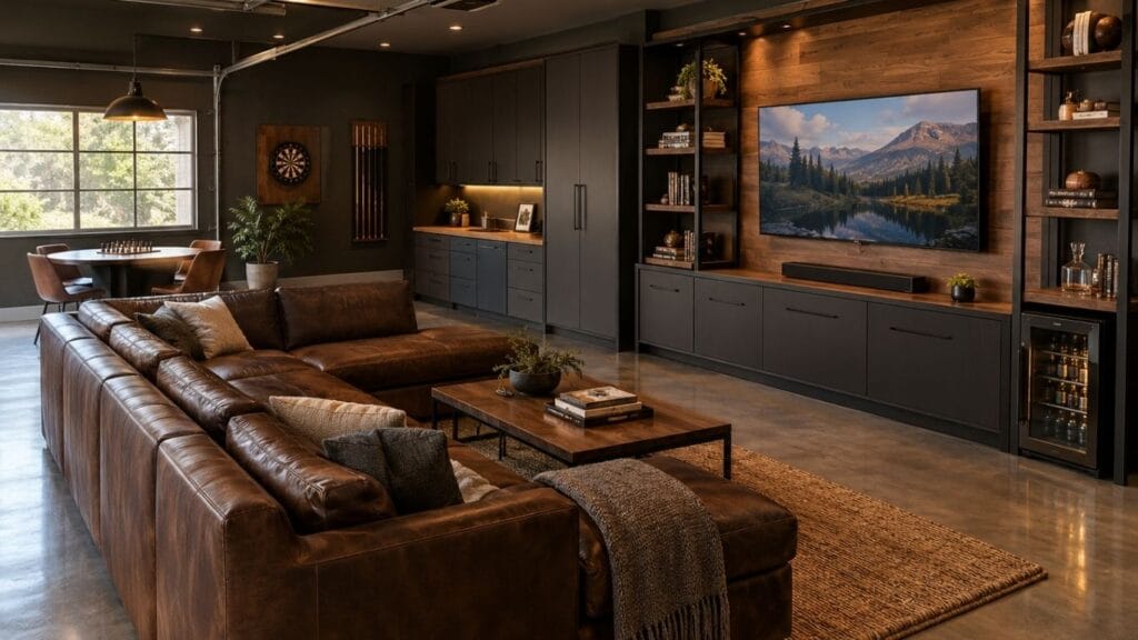 Man cave garage ideas with charcoal walls, leather seating, walnut accents, and a large TV