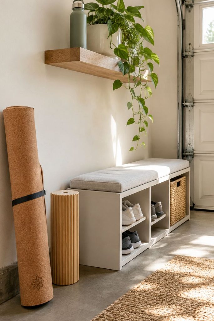  A cork yoga mat, floating shelf and pothos creating a calm stretch corner in a half garage gym