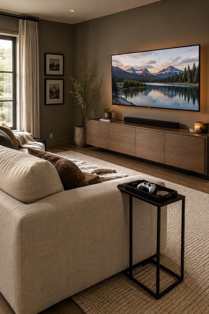 Oatmeal sofa facing a wall-mounted TV in a comfortable game room lounge