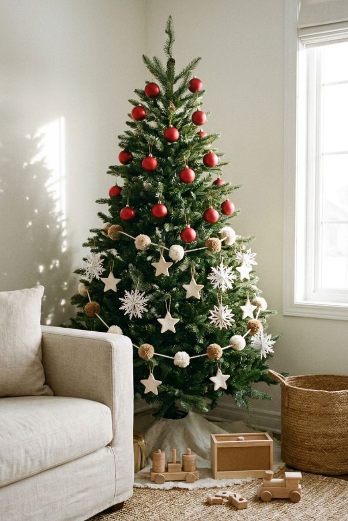 Kid friendly Christmas tree decor with salt dough stars and paper snowflakes on low branches