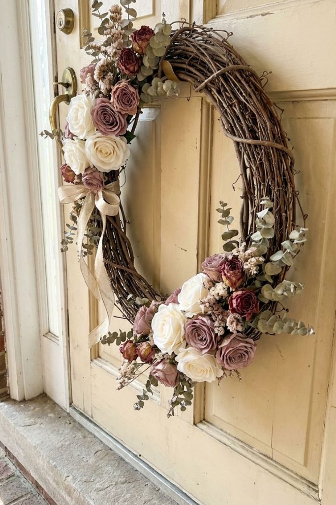Pastor day decorations ideas with a grapevine wreath, white roses, burgundy flowers, and eucalyptus.