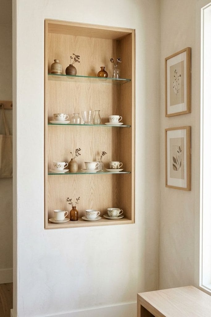 Recessed entryway built in china cabinet niche with pale oak shelf, teacups and framed prints