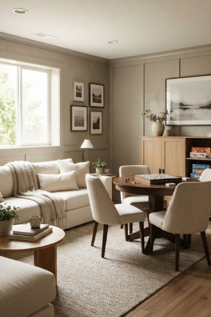 Basement living room ideas with a compact game table and hidden storage