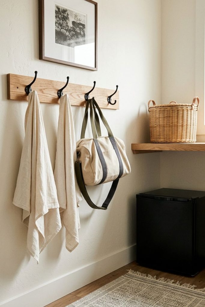  Oak towel hooks, wicker basket and mini fridge adding warm details to a half garage gym