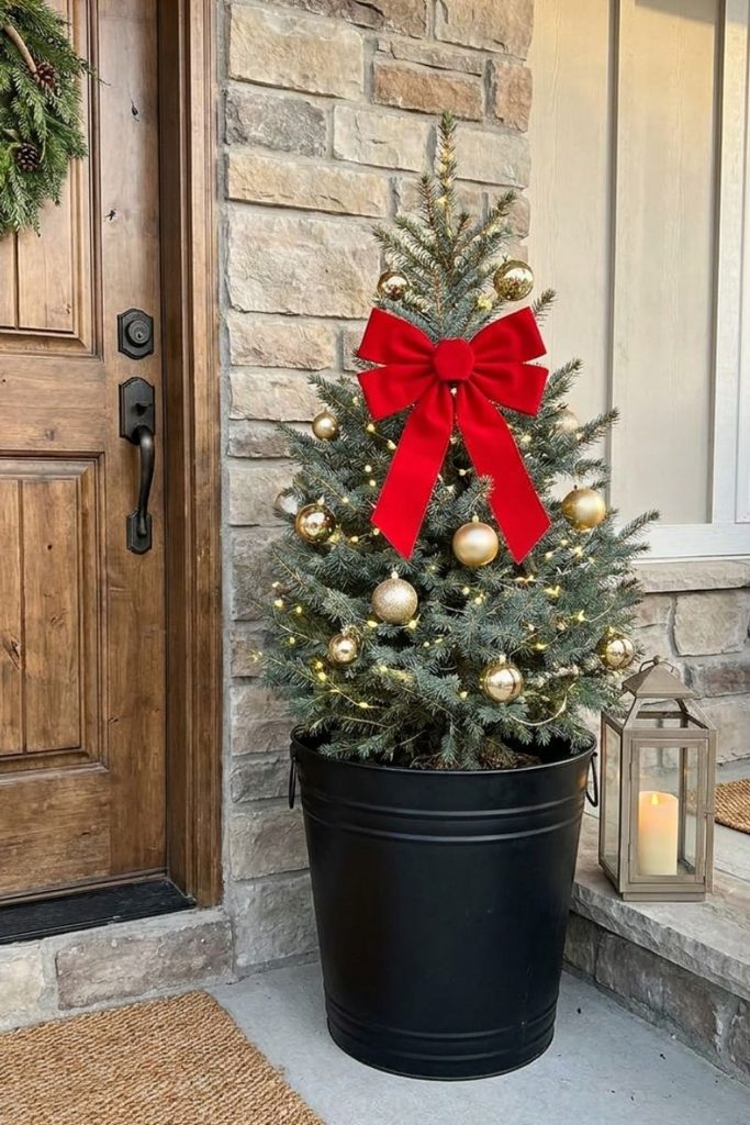  Potted porch tree with red bows and warm lights, an outdoor Christmas tree decor idea
