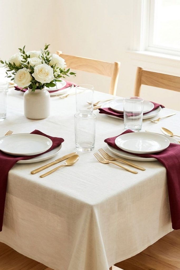 Pastor day decorations ideas with ivory tablecloths, burgundy napkins, and white floral centerpieces.