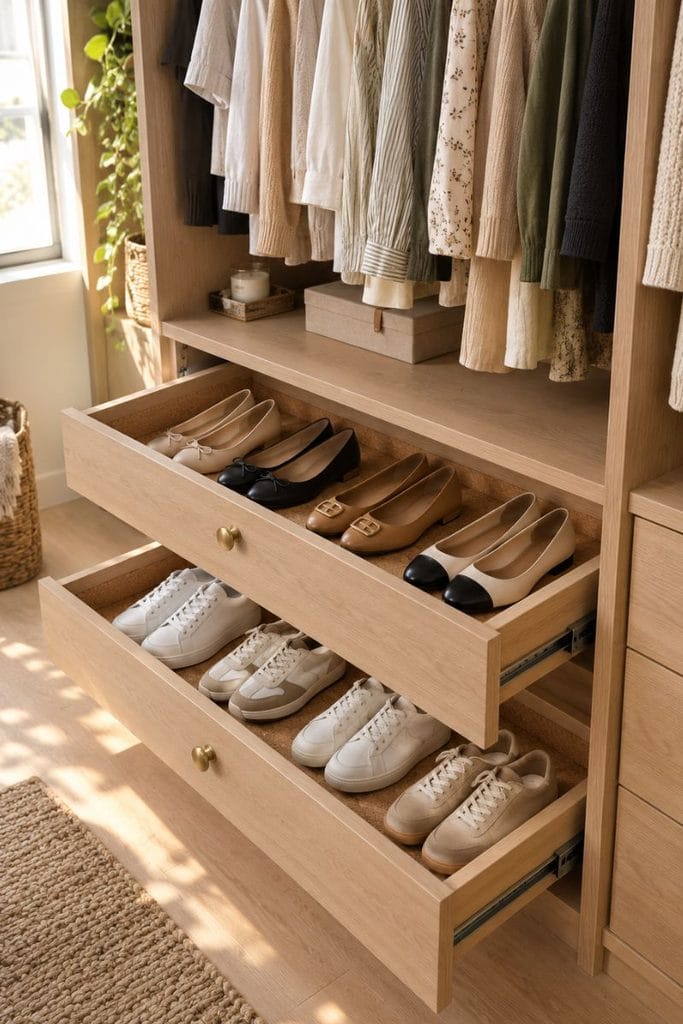 Slide-out oak drawers holding flats and sneakers, a space saving shoe storage ideas closet fix