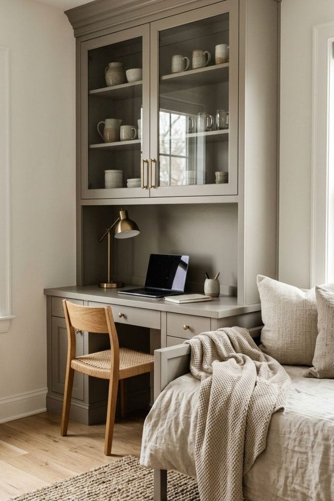 Warm gray built in china cabinet hutch above a desk in a guest room office