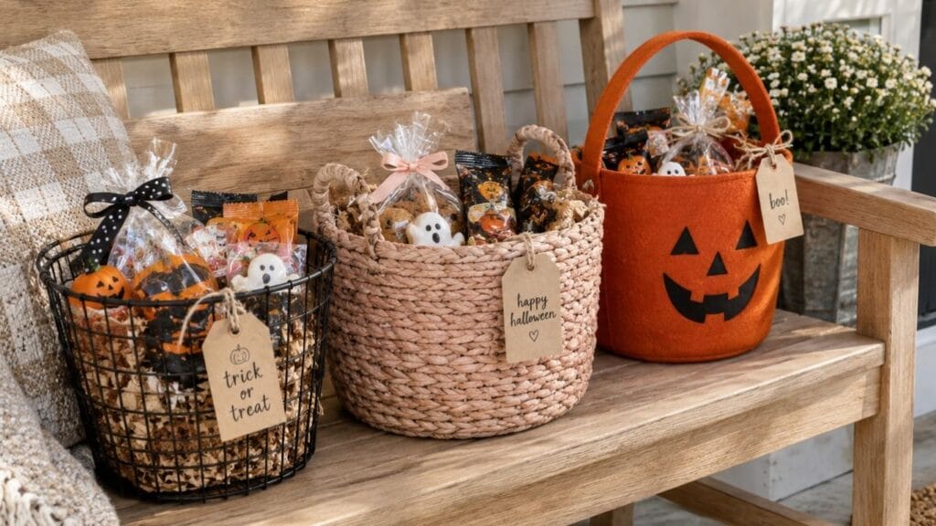 Three styled boo basket ideas in black, blush and orange arranged on a wooden porch bench