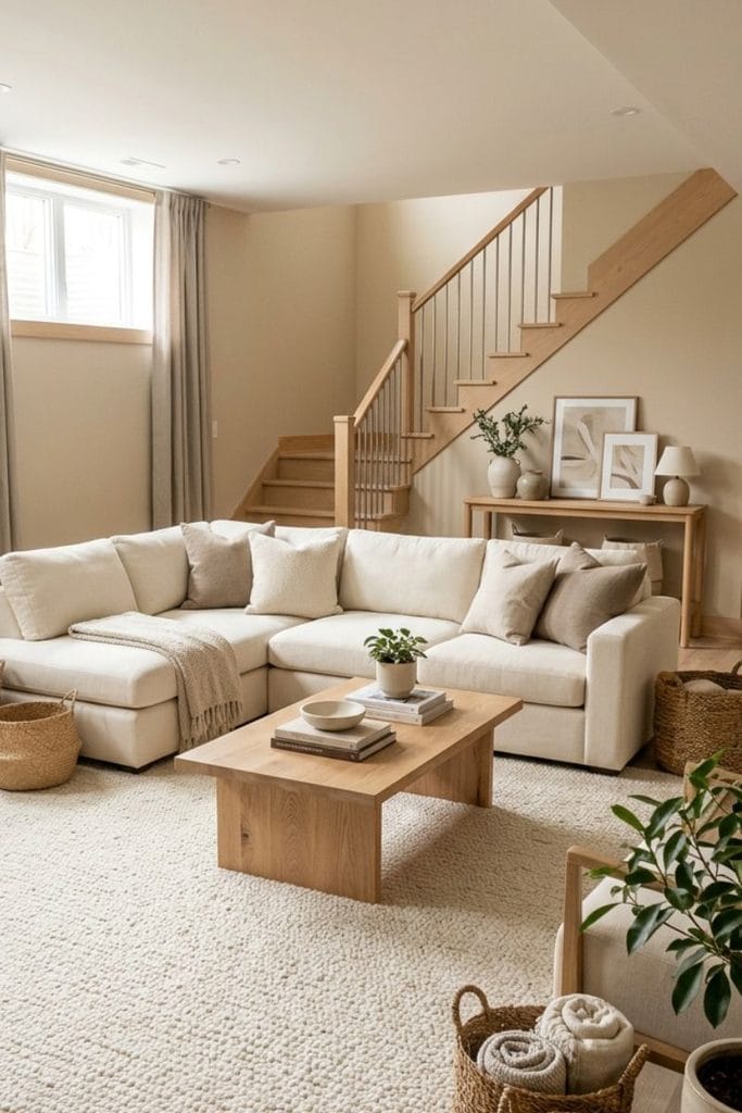 Basement living room ideas with a large ivory rug and warm natural textures