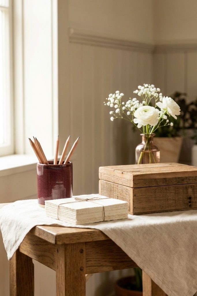  Pastor day decorations ideas featuring a thank-you card station with ivory cards and a wooden box.