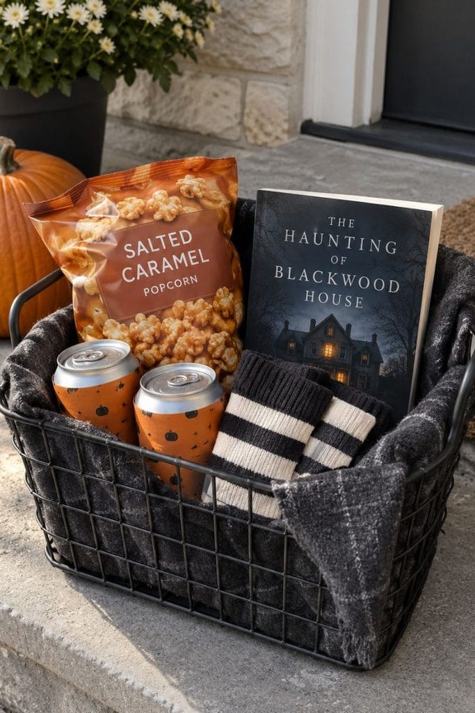 Boo basket ideas for boyfriend with popcorn, soda and a horror paperback in a black wire basket