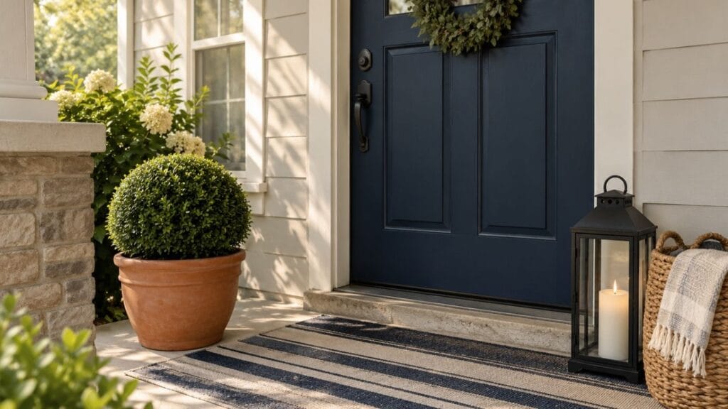 Cozy small porch ideas with a navy door, striped rug, boxwood pot and black lantern