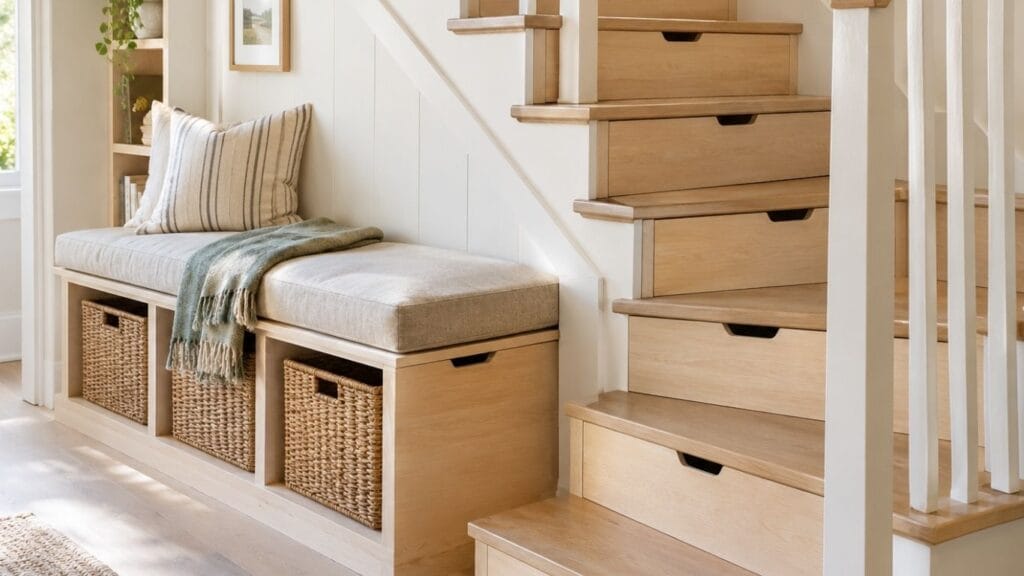 Beautiful under stairs storage ideas with drawers, a bench, and baskets in a bright small home