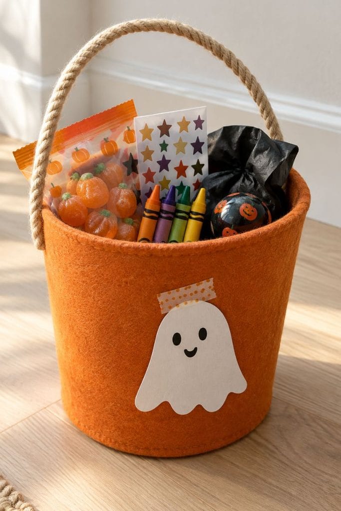 Boo basket ideas for kids in an orange felt bucket with crayons, stickers and a paper ghost