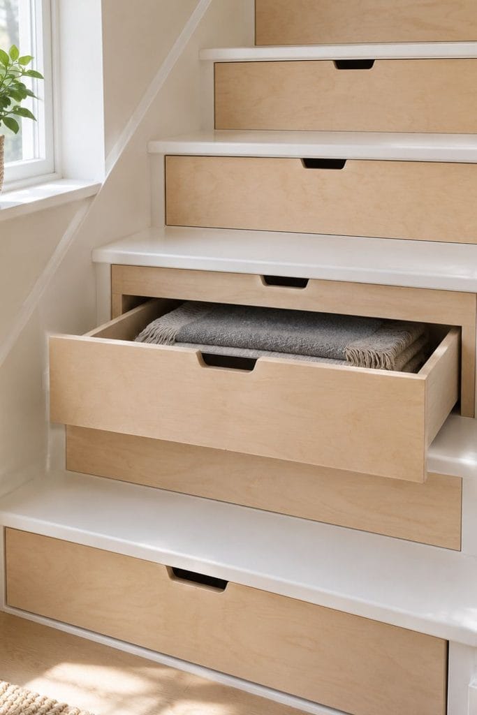 Under stairs storage ideas with deep birch drawers built into each stair riser