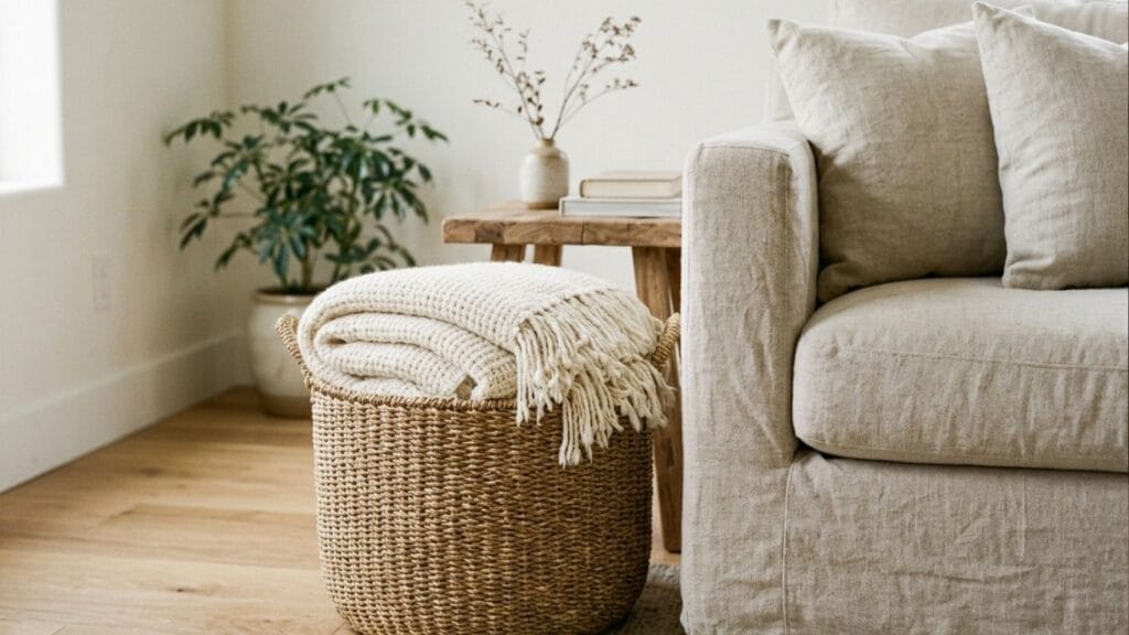 Seagrass basket of folded cream blankets beside a linen sofa, one of many blanket storage ideas