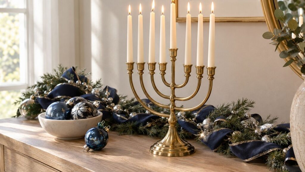 Brass menorah glowing on a white console in a home styled with Hanukkah decor ideas