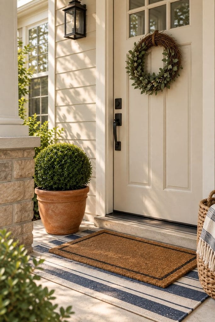 Small porch entrance with layered striped rug, coir doormat, boxwood pot and grapevine wreath
