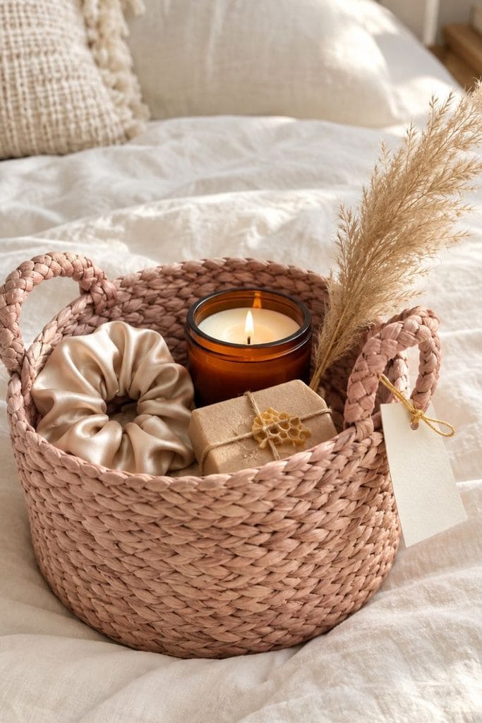 Boo basket ideas for her with a blush seagrass basket, amber candle and pampas stem