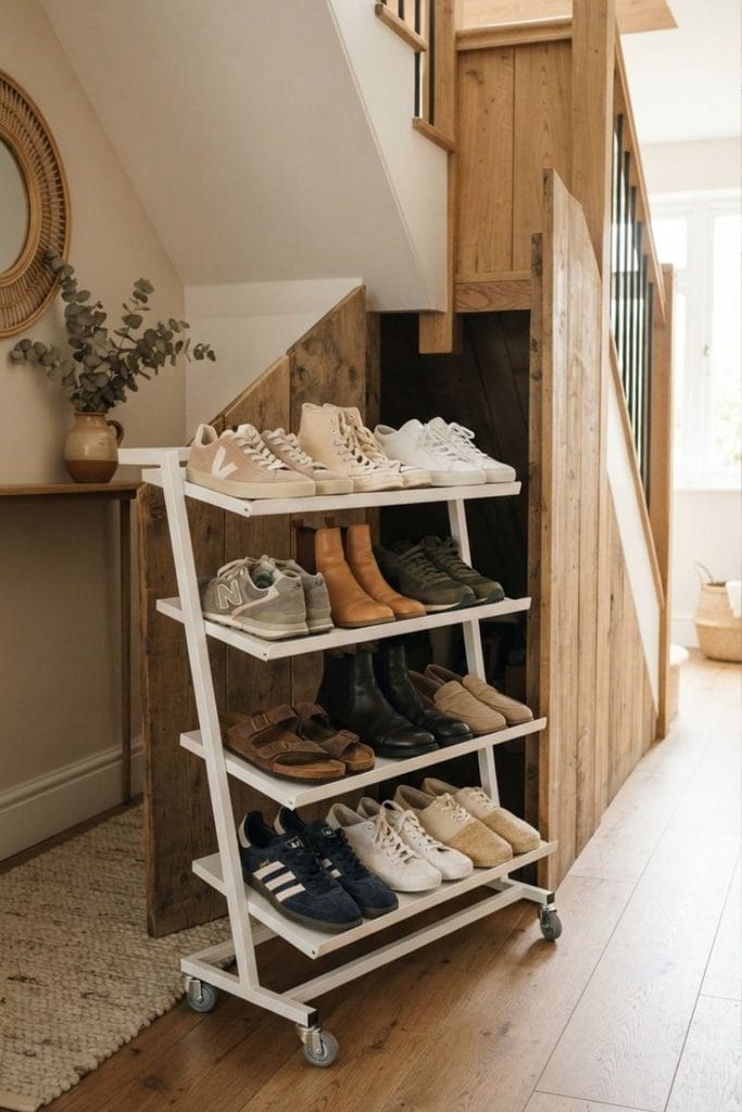Rolling shoe cart tucked under stairs, one of the best under stairs storage ideas for entryways