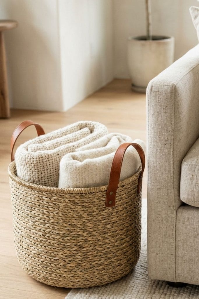 Seagrass basket blanket storage beside an oatmeal linen sofa with folded cream throws