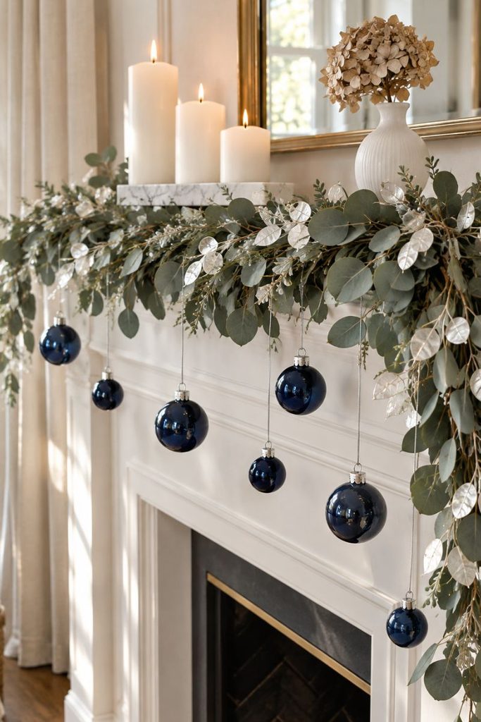 Brass menorah glowing on a deep sill with a mirrored tray, a simple Hanukkah decor idea