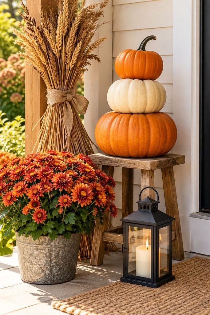 Small porch decor for fall with stacked pumpkins, rust mums, dried wheat and a black lantern
