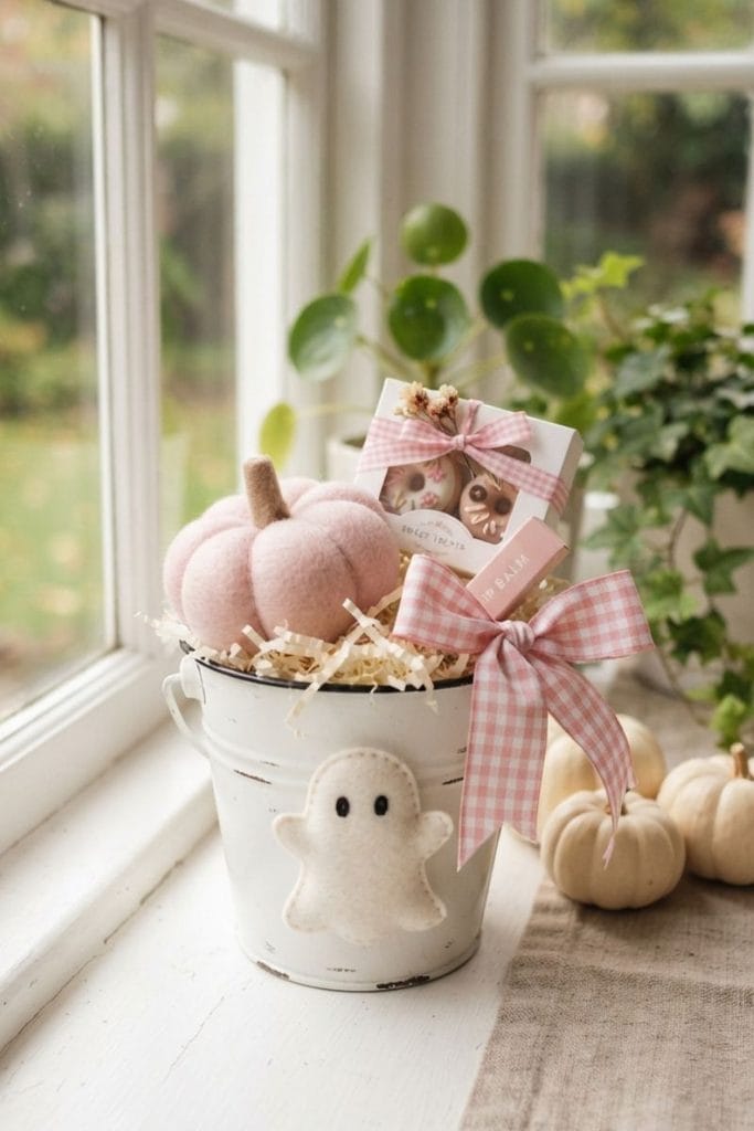 Cute boo basket ideas in a white enamel pail with a felt ghost and pastel pumpkin plush