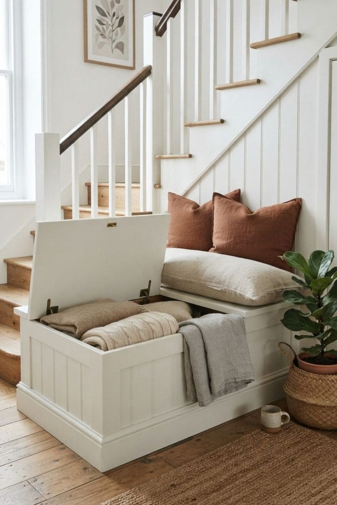 Lift-lid storage bench with oatmeal linen cushion under a staircase, simple under stairs storage ideas