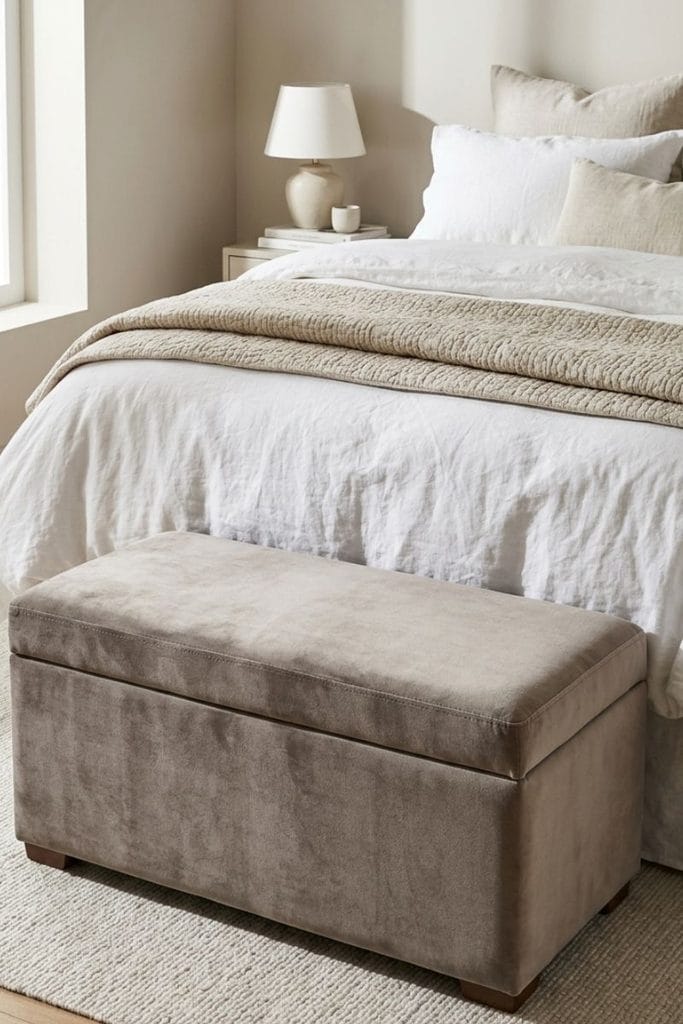 Gray velvet ottoman at the foot of a bed, a bedroom blanket storage idea for extra quilts