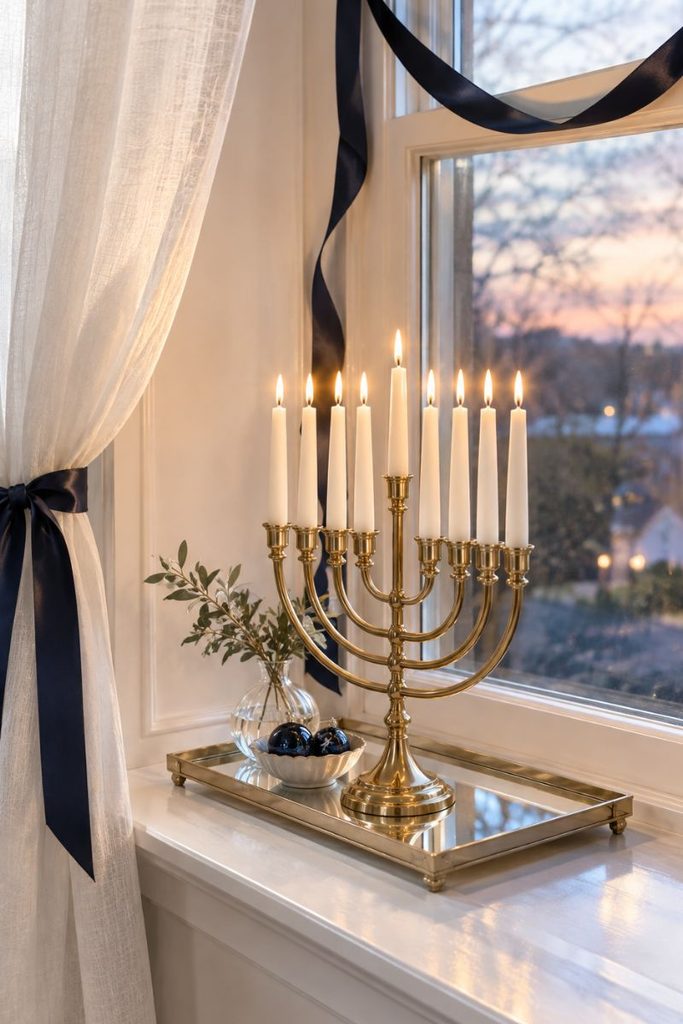 White mantel with eucalyptus garland and navy ornaments styled with Hanukkah decor ideas