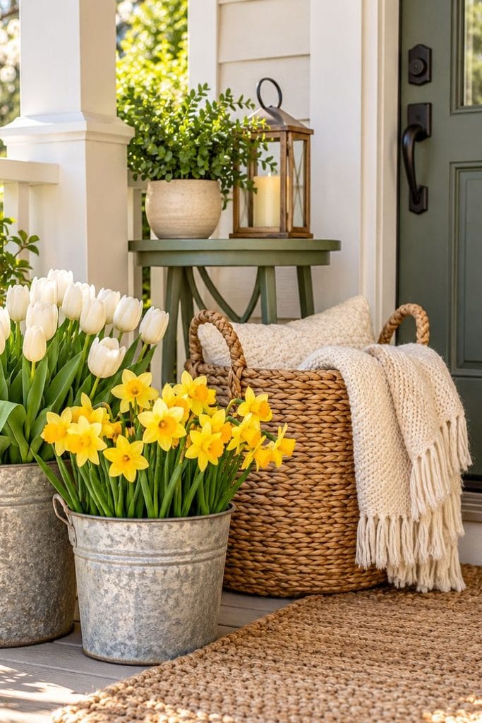 Small porch decor for spring with galvanized buckets of white tulips beside a front door