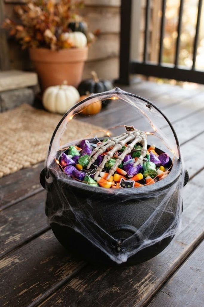 Halloween boo basket ideas in a black cauldron bucket with candy corn and glowing string lights