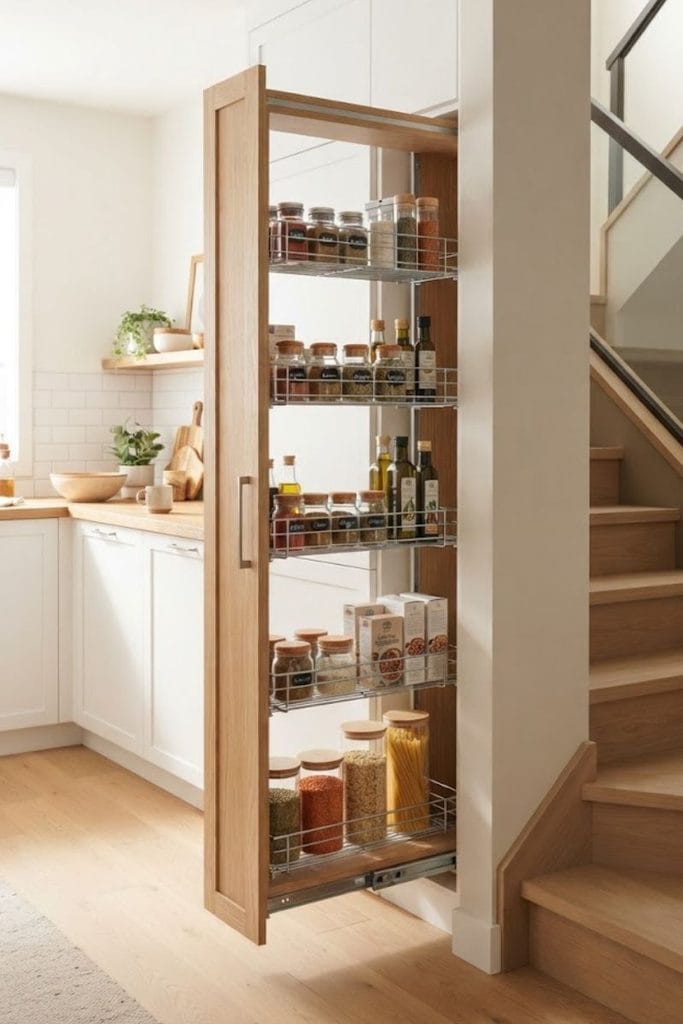 Slim pull-out pantry tower with jars and spices, one of the smartest under stairs storage ideas for kitchens