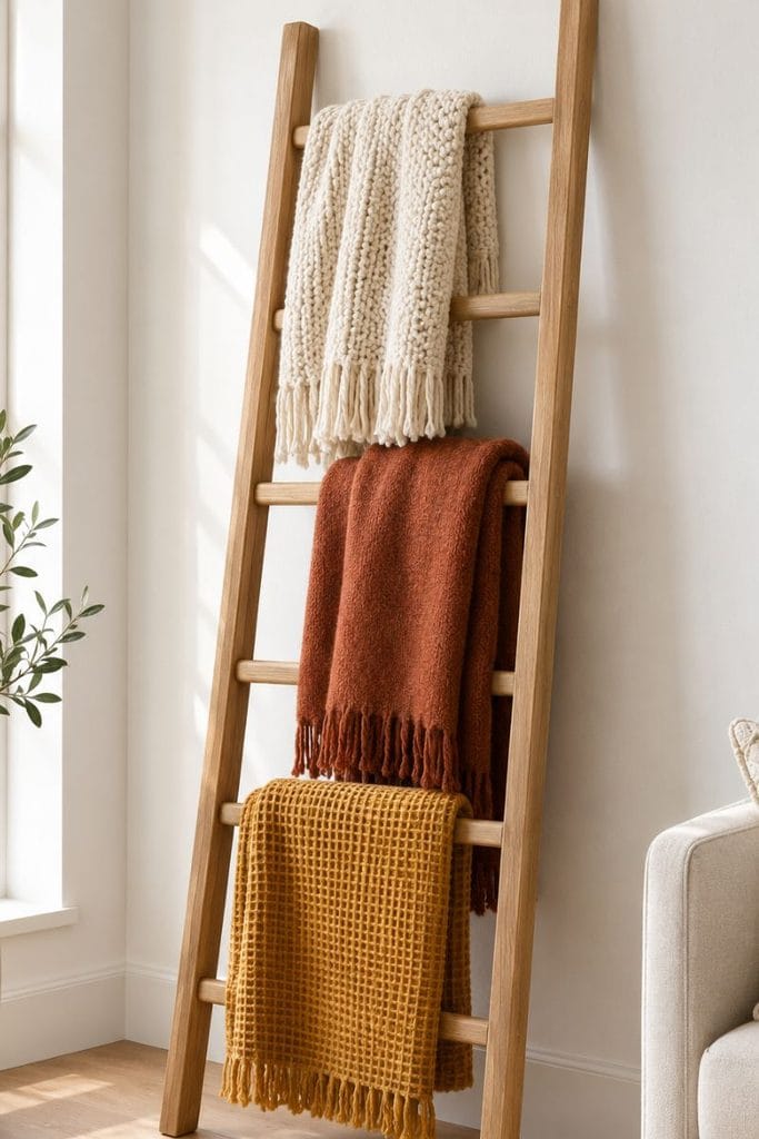 White oak blanket ladder with draped knit throws, a simple blanket storage idea for a living room
