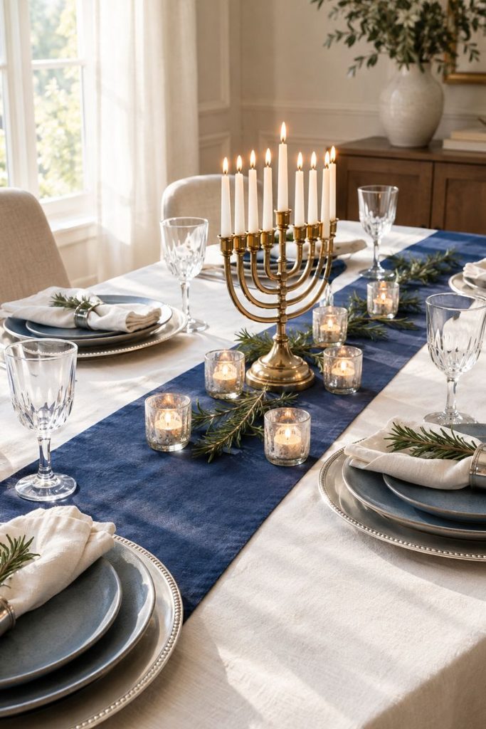 White linen dining table with blue runner and menorah, a warm Hanukkah decor ideas setup