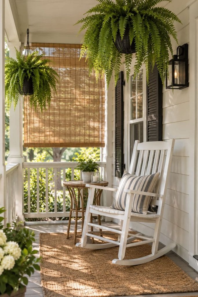 Small porch decor for summer with hanging ferns, white rocking chair and bamboo blind