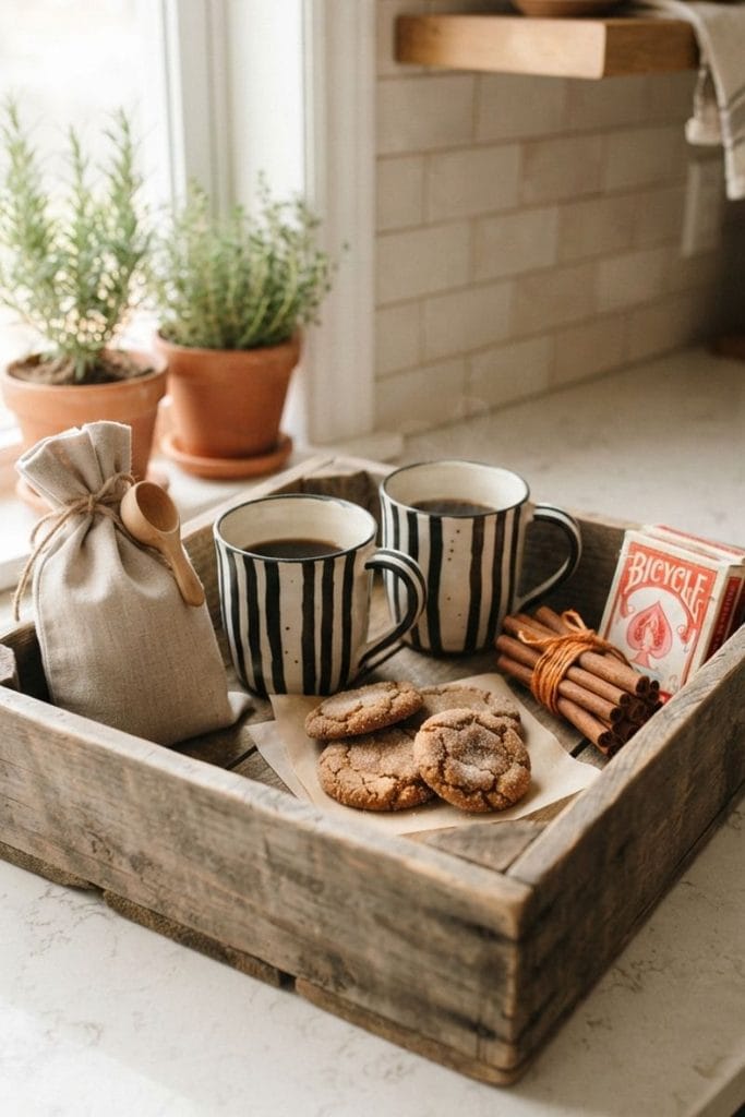 Halloween boo basket ideas for friends in a wooden crate with mugs, coffee and ginger cookies