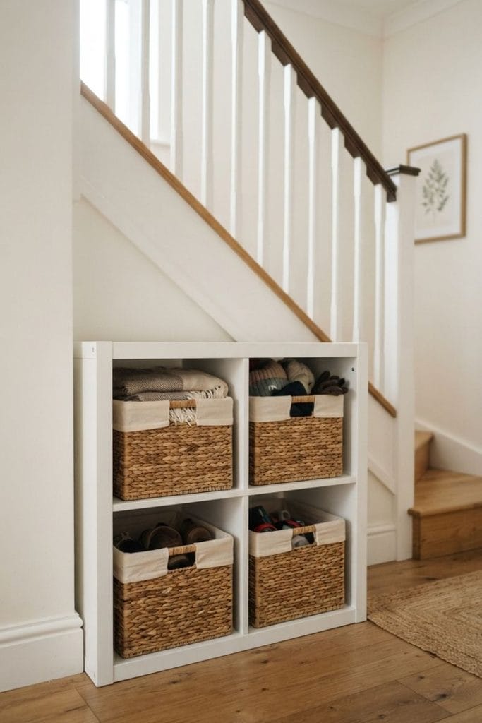 Open cubbies with woven seagrass baskets under stairs for easy, airy storage