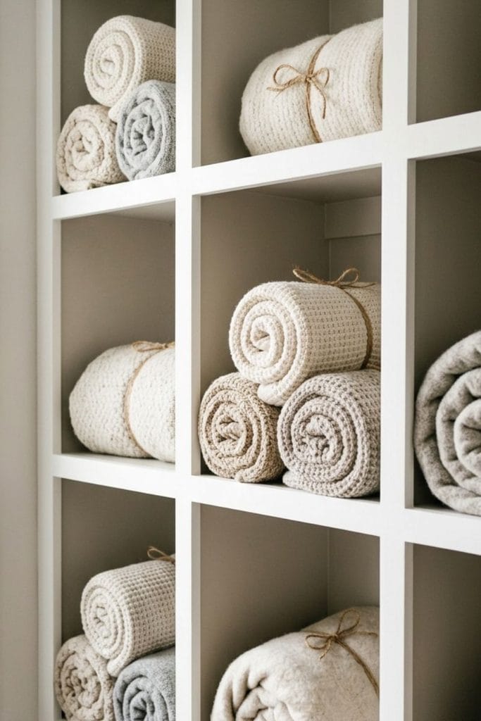 Built-in cubbies holding rolled blankets tied with jute twine, a custom blanket storage idea