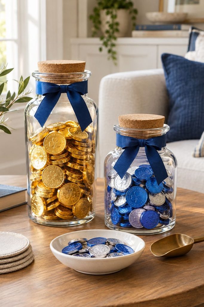 Glass apothecary jars filled with gold gelt on a coffee table, easy Hanukkah decor ideas