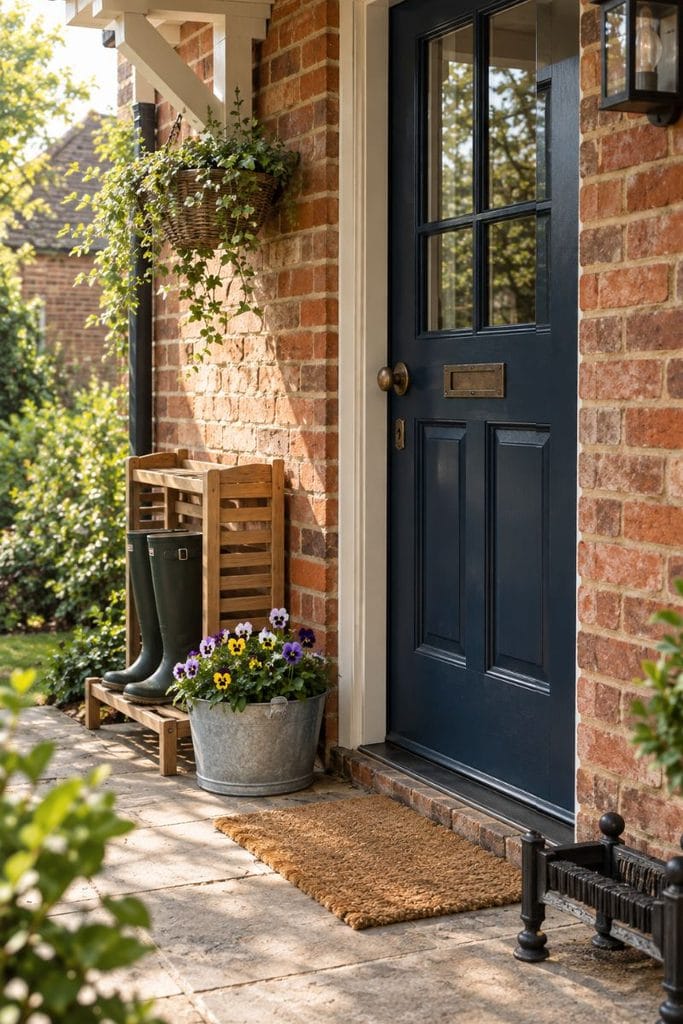 Small porch decor ideas UK style with blue door, wellies rack, boot scraper and pansy planter