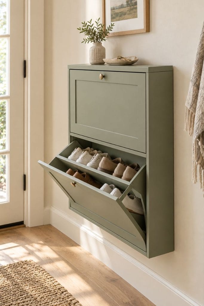 Sage green tilt-out cabinet, a small space shoe storage ideas closet solution