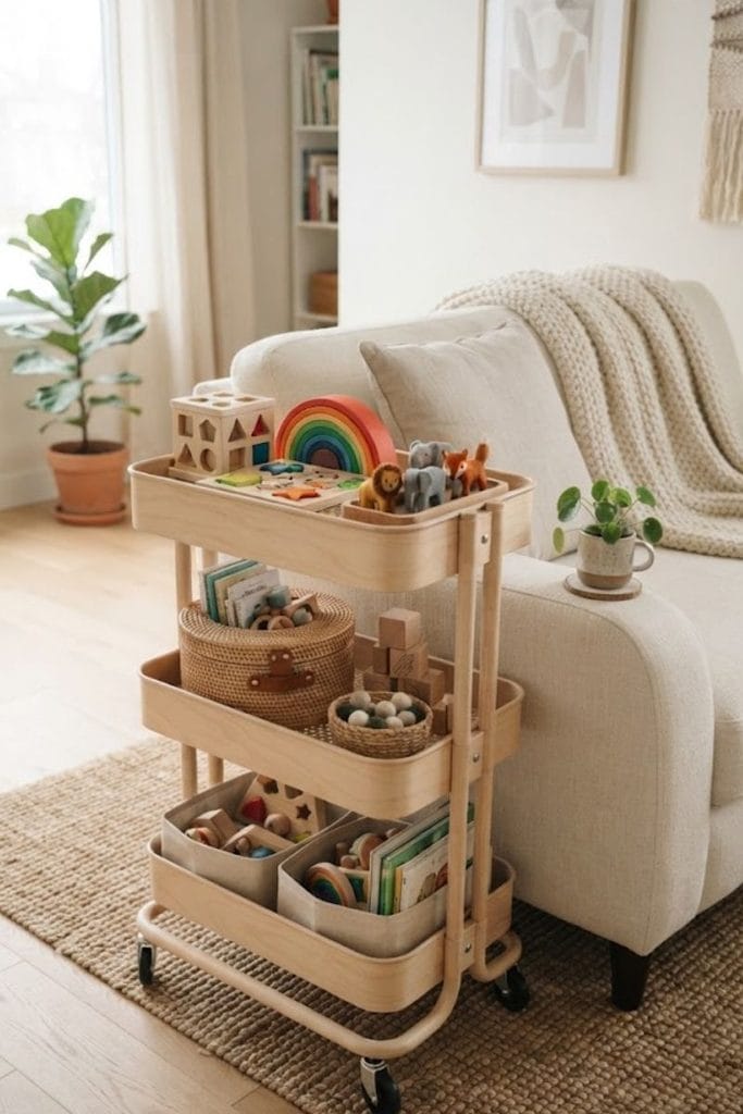  Birch rolling cart beside a cream sofa, a living room toy storage ideas option
