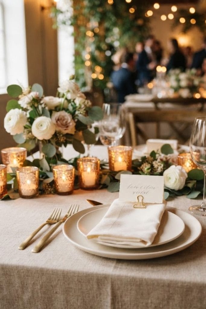 Wedding table decor with gold flatware, ivory plates, candles, and cream place cards